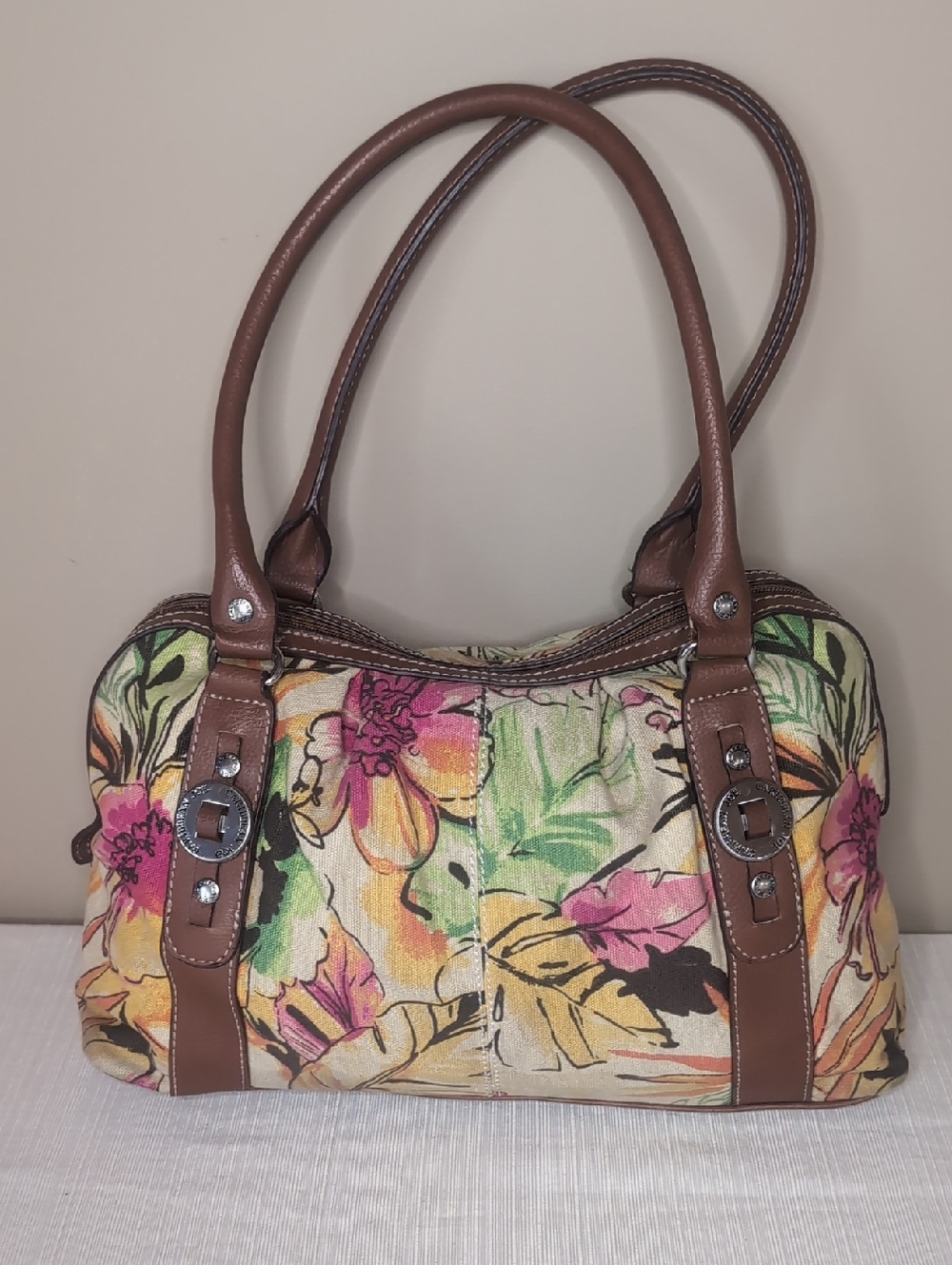 Caribbean Joe Floral Canvas Satchel Handbag with Brown Trim